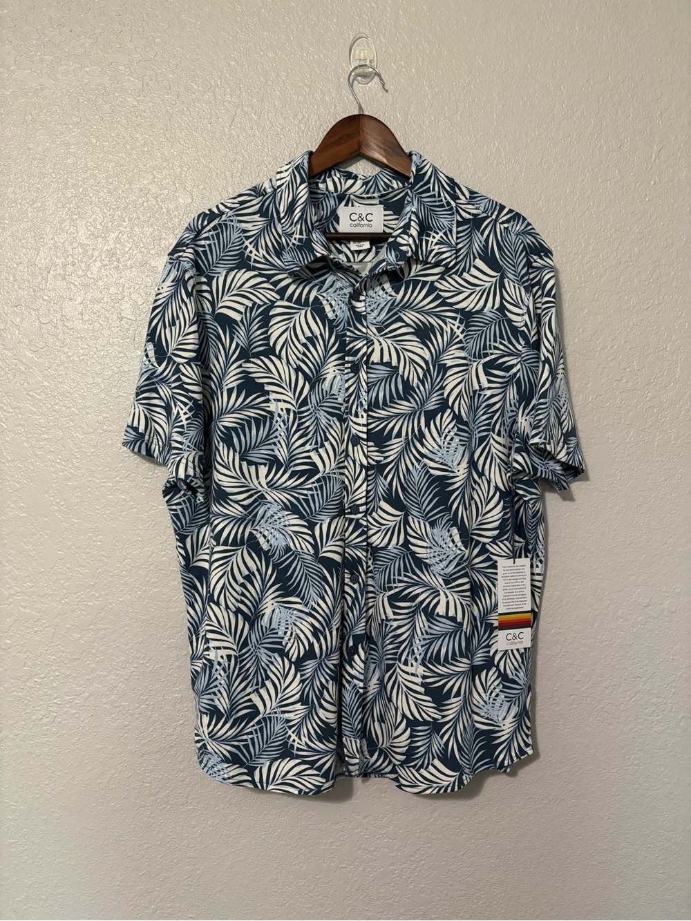 C&C California Navy and White Palm-Print Short Sleeve Button Shirt